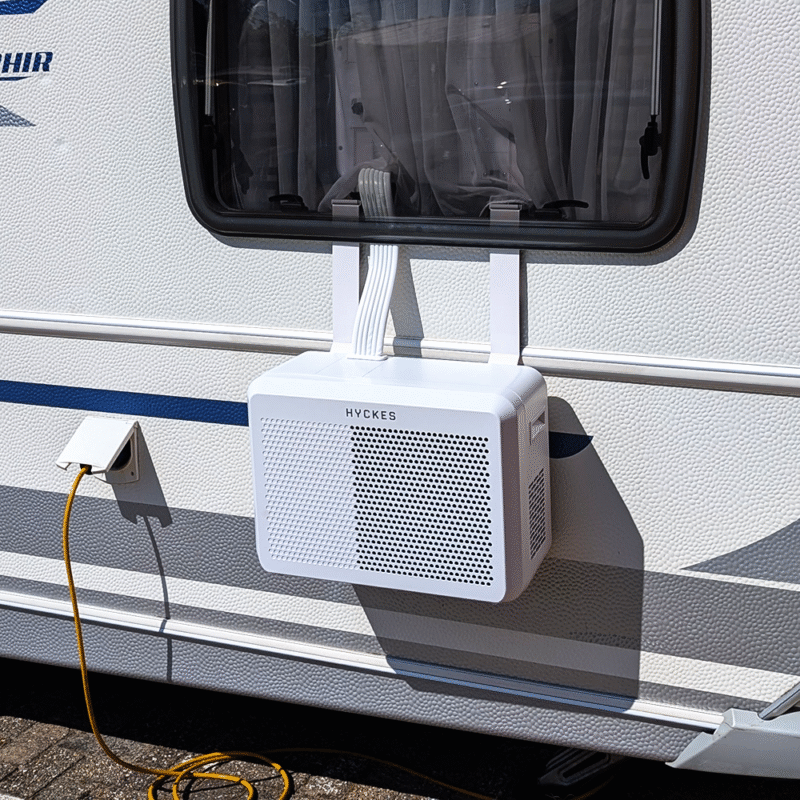 HyBreeze Air outdoor unit in caravan window